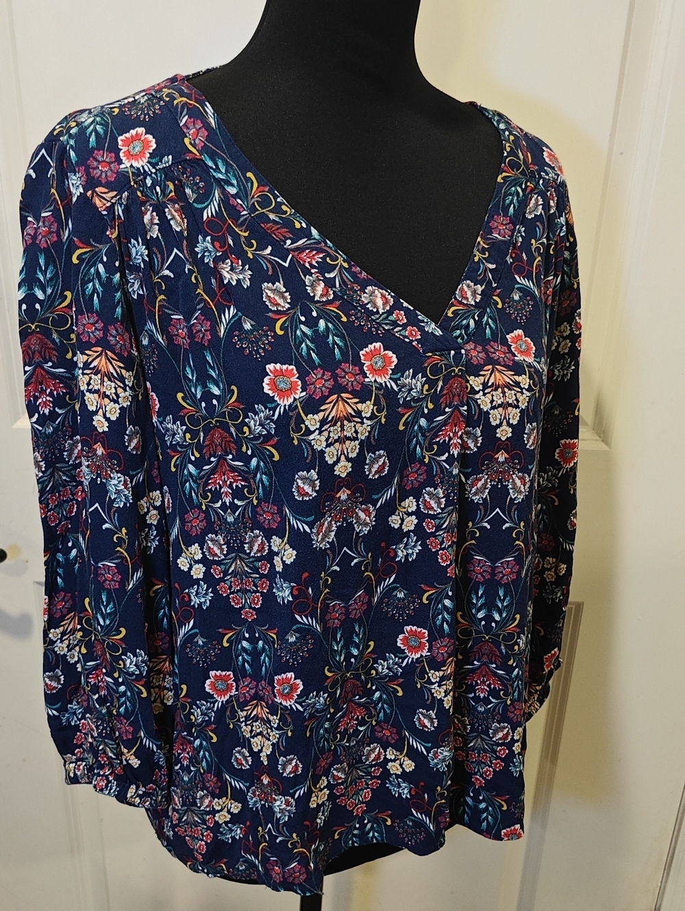 St. John's Bay Navy Floral V-Neck Long-Sleeve Blouse